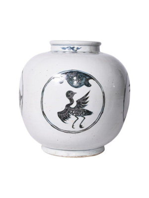 Indigo Medallion Jar, Crane Turtle Motif