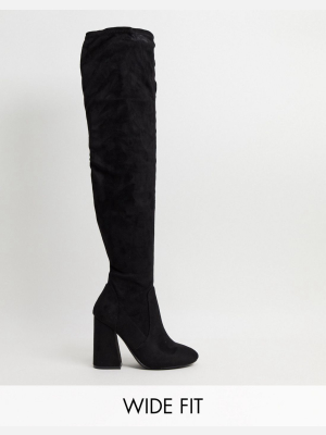Asos Design Wide Fit Keeper Heeled Thigh High Boots In Black