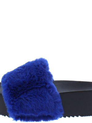 Carolyn119 Royal Blue Open Toe Faux Fur Slide Sandal