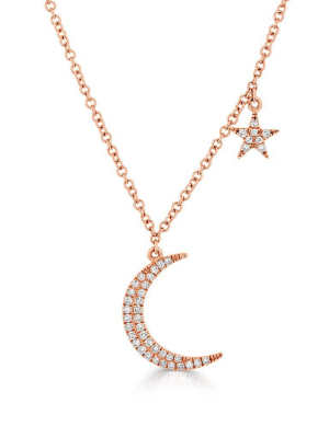 14kt Rose Gold Diamond Mini Moon And Star Necklace