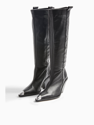 Tulip Black Leather Point Knee High Boots