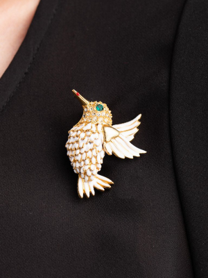 Gold With White Enamel Hummingbird Pin
