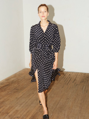 Polka Silk Long Shirt Dress