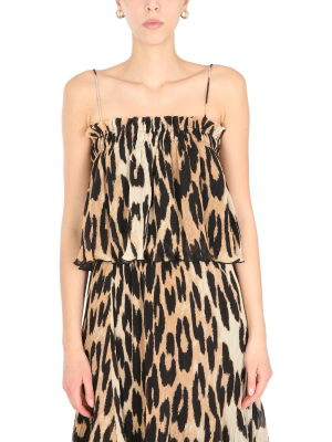 Ganni Pleated Leopard Print Sleeveless Top