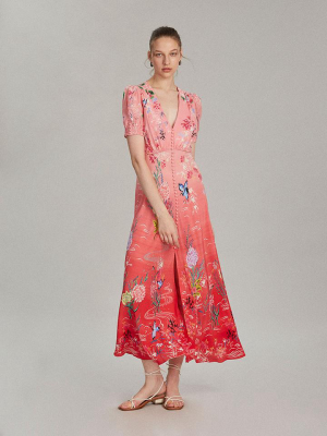 Lea Long Dress In Red Camellia Print