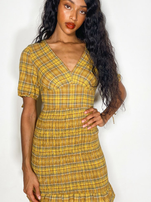 Yellow Gingham Print Shirred Skirt Bodycon Dress