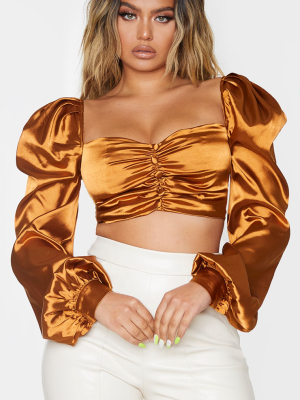 Chocolate Satin Button Front Square Neck Crop Top