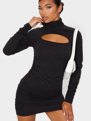 Black High Neck Cut Out Ruched Detail Bodycon...