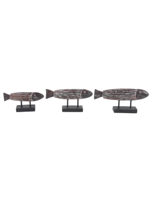 Set Of 3 Coastal Wooden Fish Sculptures Black - Olivia & May