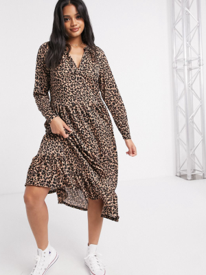 Asos Design Midi Smock Dress With Grandad Collar In Animal Print