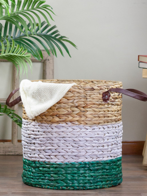 Northlight 16" Beige, White And Teal Braided Wicker Basket With Handles