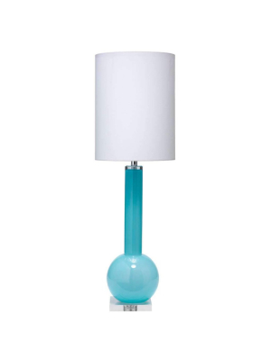 Studio Table Lamp In Powder Blue Glass With Tall Thin Drum Shade In White Linen