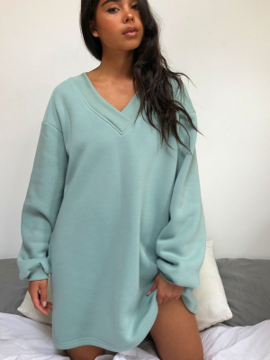 Sage Green Oversized V Neck Sweat Jumper Dress