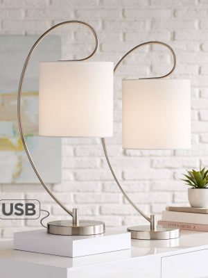 360 Lighting Modern Table Lamps Set Of 2 With Usb Charging Port Metal Arc White Drum Shade For Living Room Bedroom Bedside Office