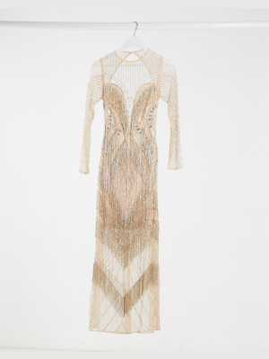 Asos Design Long Sleeve Fringe Embellished Maxi Dress With Open Back In Pink