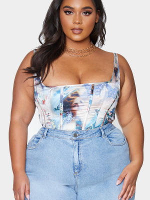 Plus Cream Renaissance Print Corset Crop Top