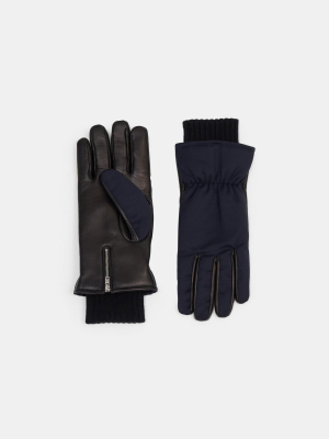 Padded Gloves In Wool Twill And Leather
