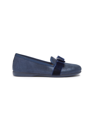 Girls' Childrenchic® Navy Shimmer And Grosgrain Bow Loafers