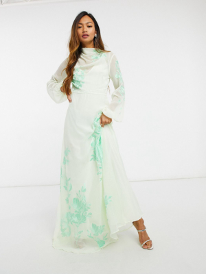 Asos Design High Neck Embroidered Maxi Dress In Soft Mint