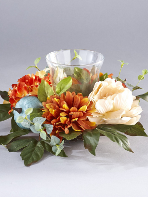 Lakeside Harvest Glass Candle Holder With Fall Flowers, Artificial Pumpkins