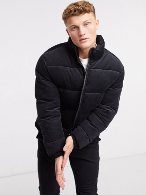 Original Penguin Cord Puffer Jacket In Black With Small Arm Logo