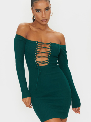 Green Lace Up Bardot Ribbed Knitted Mini Dress