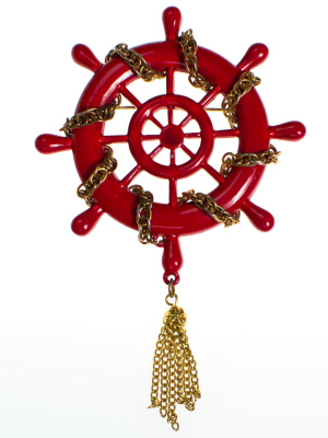 Vintage Red Captain's Wheel Brooch With Gold Tassel