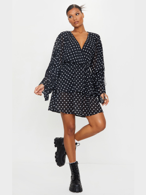 Black Polka Dot Ruched Sleeve Tiered Skater Dress