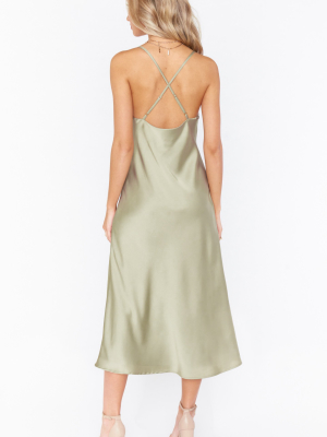 Verona Cowl Dress ~ Moss Green Luxe Satin