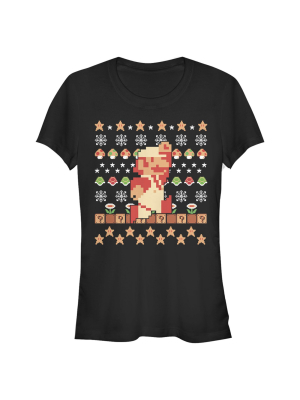 Junior's Nintendo Ugly Christmas Super Mario Pixel T-shirt