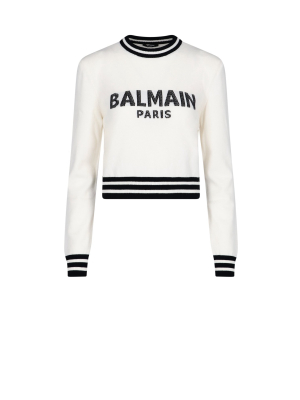 Balmain Cropped Logo Intarsia Sweater