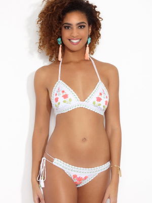 Lola Crochet Triangle Bikini Top - White & Green Floral Print