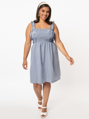 Plus Size Blue & White Gingham Smocked Mini Dress