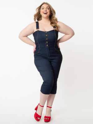 Unique Vintage Plus Size 1950s Dark Denim Blue Eartha Jumpsuit