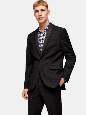 Premium Black Shadow Check Single Breasted Tuxedo Blazer With Shawl Lapel