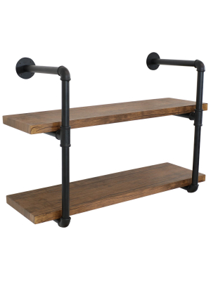 2-tier Industrial Pipe Wall-mounted Floating Shelf - Teak Veneer - Sunnydaze Decor