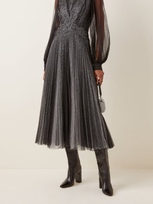 Pleated Glittered Tulle Midi Dress