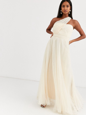 Asos Design One Shoulder Tulle Wired Hem Maxi Dress In Cream