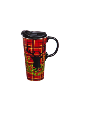 Cypress Home Plaid Stag Ceramic Travel Coffee Mug, 17 Ounces