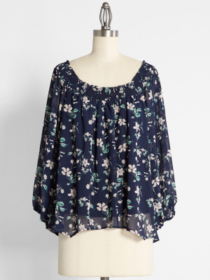 Blue Belle Blossoms Off-the-shoulder Blouse