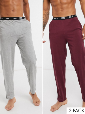 Asos Design 2 Pack Lounge Bottoms In Gray Marl & Burgundy Save