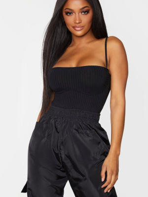 Shape Black Rib Underbust Detail Strappy Bodysuit