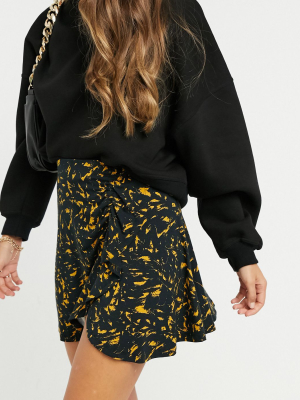 Asos Design Mini Skirt With Ruched Detail In Mustard And Black Print