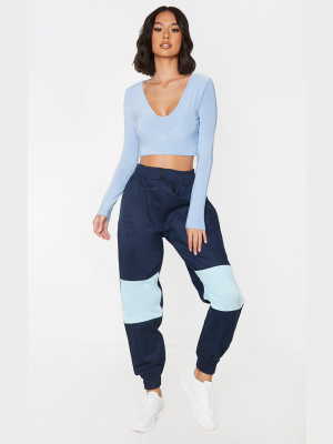 Blue Twill Contrast Cargo Pants