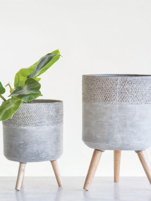 Cement Planters W/ Removable Wood Legs, Set Of 2