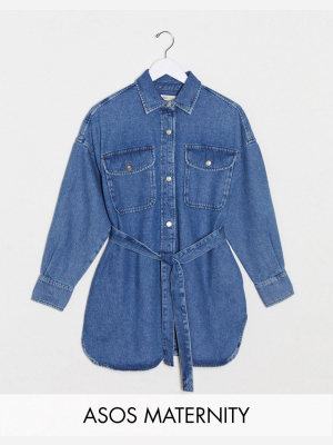 Asos Design Maternity Denim Oversized Belted Shirt In Midwash Blue