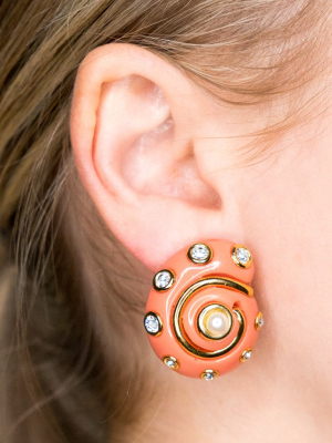 Gold Trim Coral With Crystal Dots And Pearl Center Shell Clip Earrings