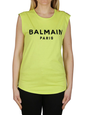 Balmain Flocked Logo Button Detail Tank Top