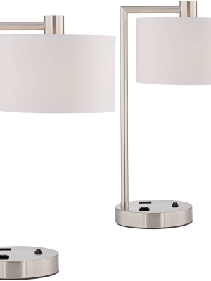 360 Lighting Modern Desk Table Lamps Set Of 2 With Hotel Style Usb And Ac Power Outlet In Base Brushed Nickel White Linen Shade For Office