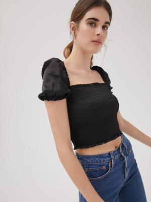 Uo Sabrina Satin Smocked Top